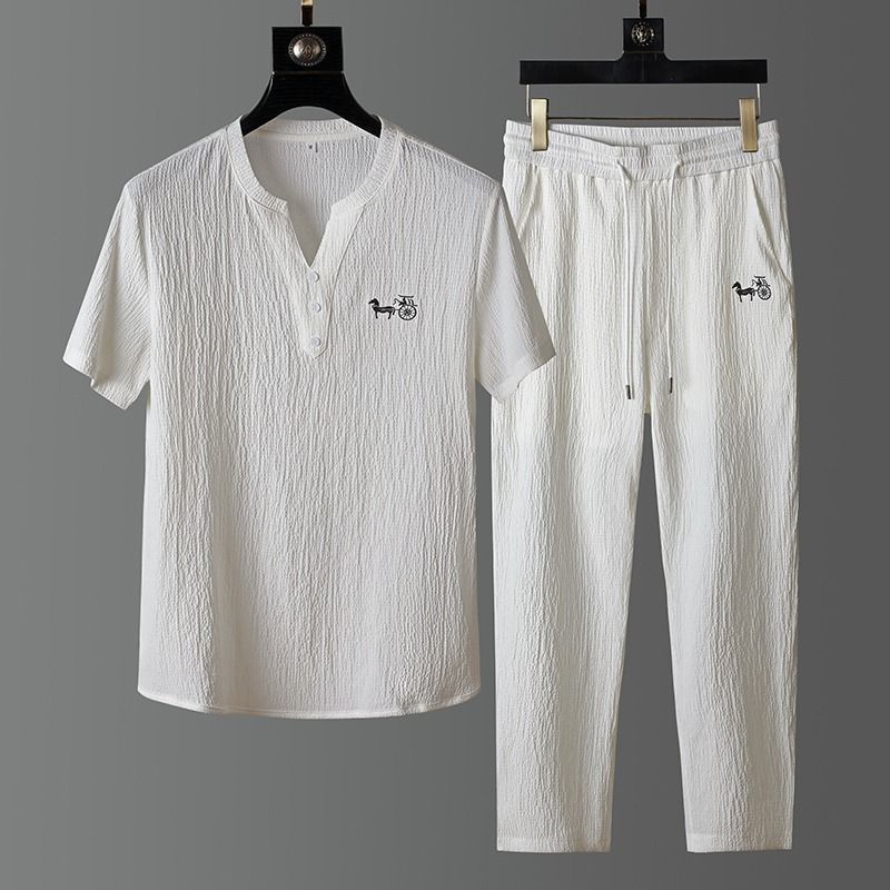 Short Linen Drawstring - Set Kaos Lengan Pendek Linen Trendi