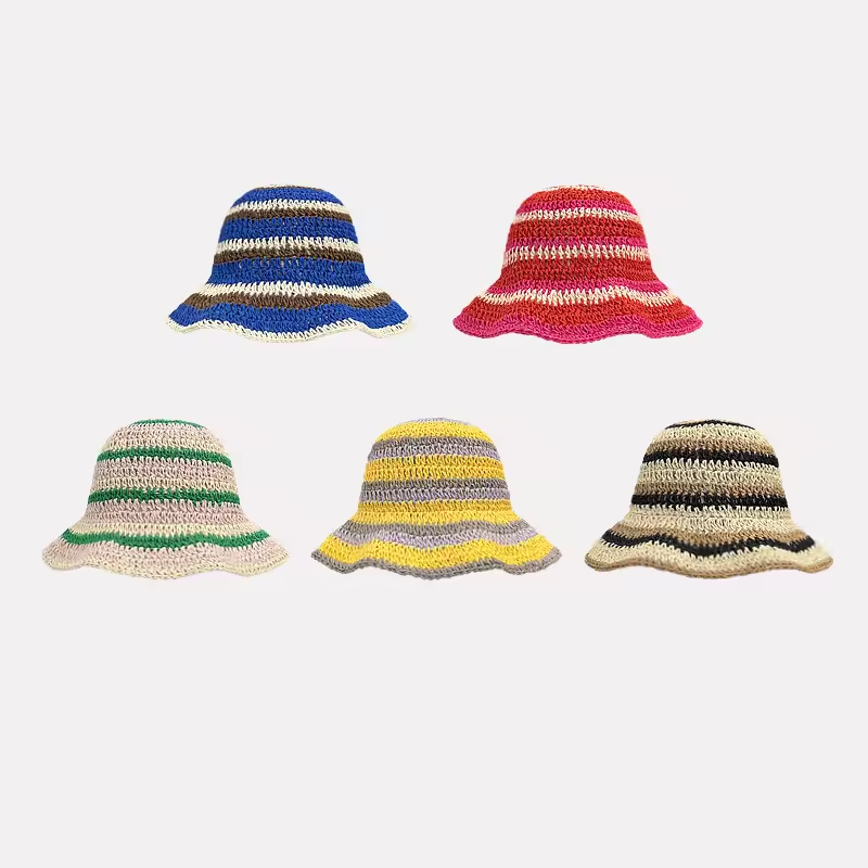 Topi rajut bergaris baru topi  - Bucket Hat Straw ulasan dan harga