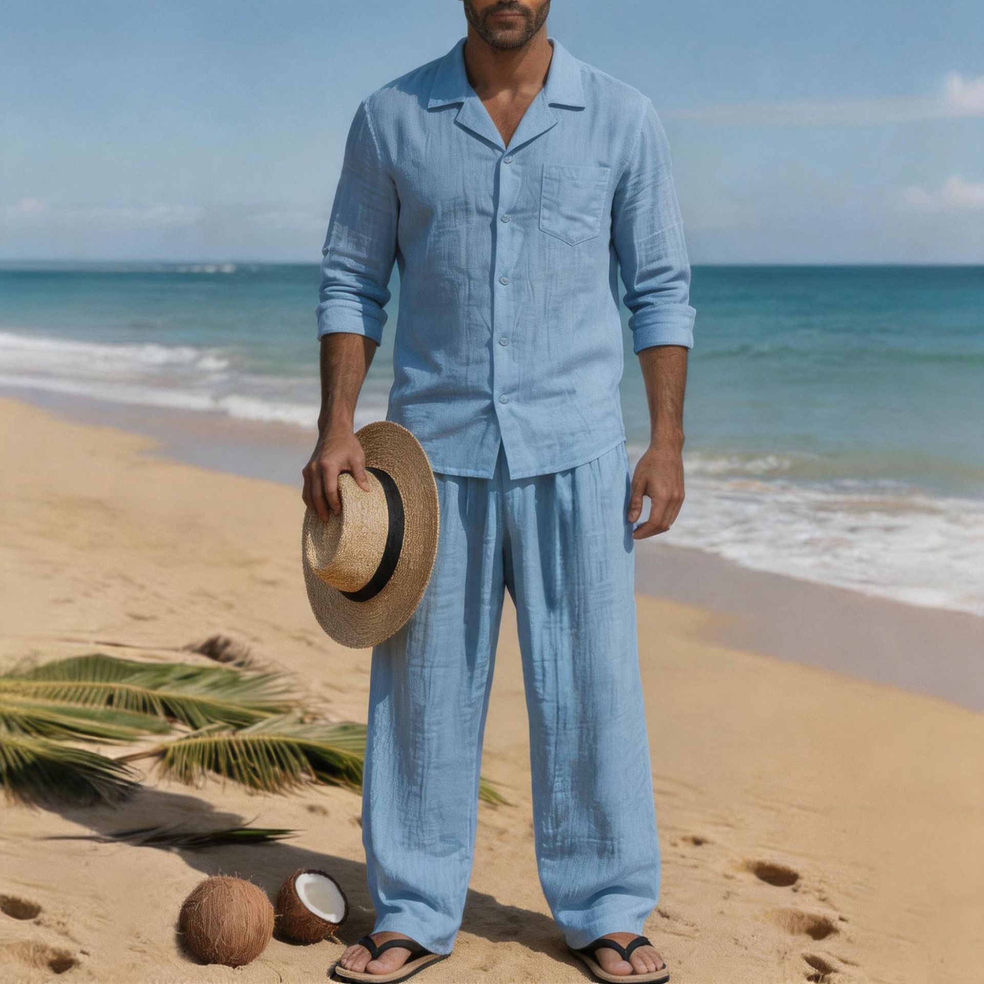 Setelan Pantai Pria Kasual Lon - Linen Shirt Breathable ulasan dan harga